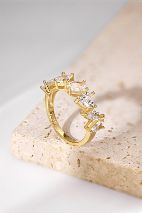 18K gold-plated 925 silver ring with 7 zirconia stones in different shapes