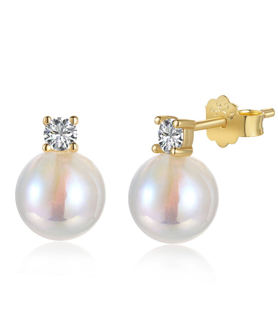 Pearl Earrings 925 Silver &amp; 18K Gold Plated Elegant Zirconia Stud Earrings