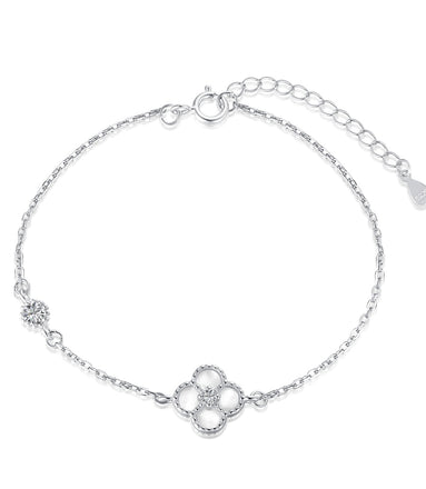 925 Silver Bracelet Cloverleaf Zirconia Green &amp; White - Adjustable