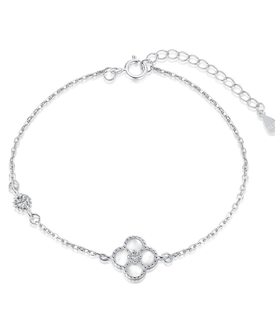 925 Silver Bracelet Cloverleaf Zirconia Green &amp; White - Adjustable