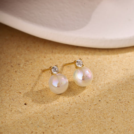 Pearl Earrings 925 Silver &amp; 18K Gold Plated Elegant Zirconia Stud Earrings