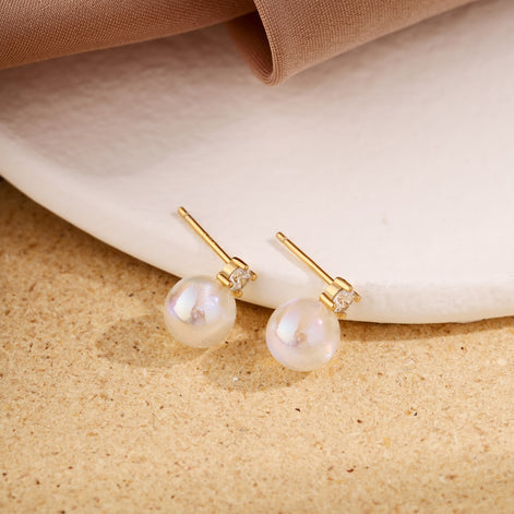 Pearl Earrings 925 Silver &amp; 18K Gold Plated Elegant Zirconia Stud Earrings