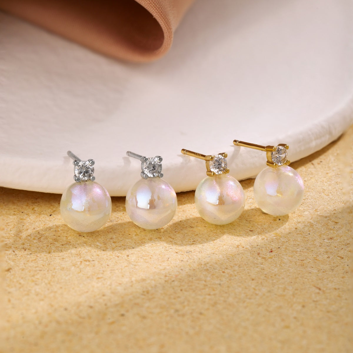 Pearl Earrings 925 Silver & 18K Gold Plated Elegant Zirconia Stud Earrings