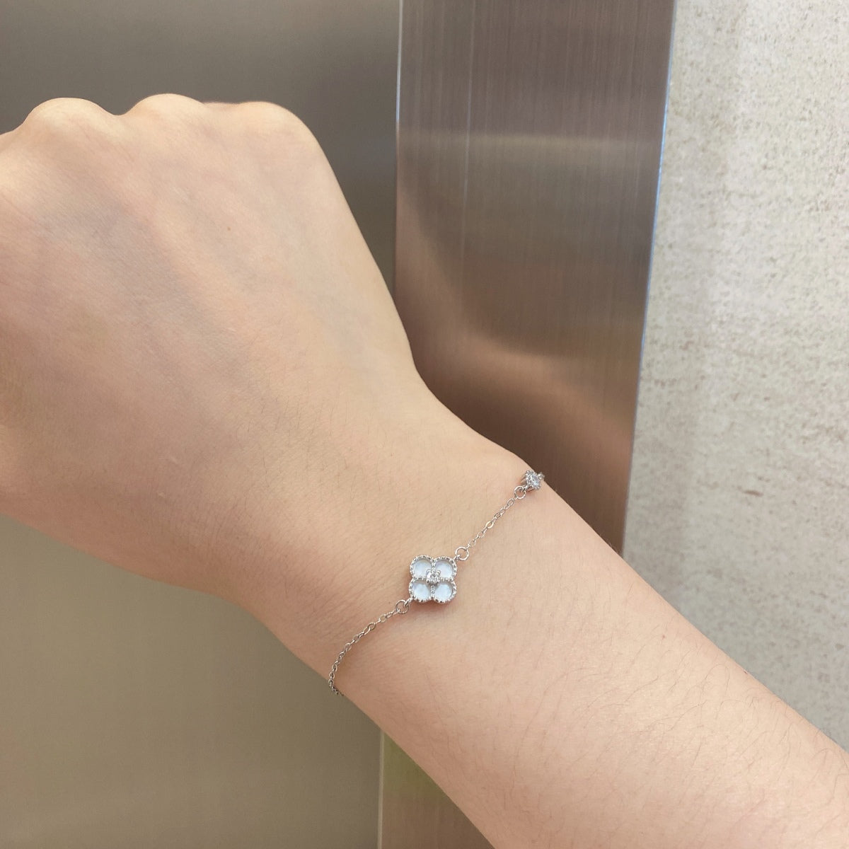 925 Silver Bracelet Cloverleaf Zirconia Green & White - Adjustable