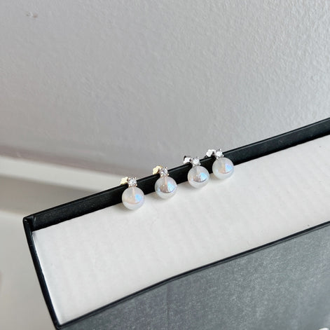 Pearl Earrings 925 Silver &amp; 18K Gold Plated Elegant Zirconia Stud Earrings