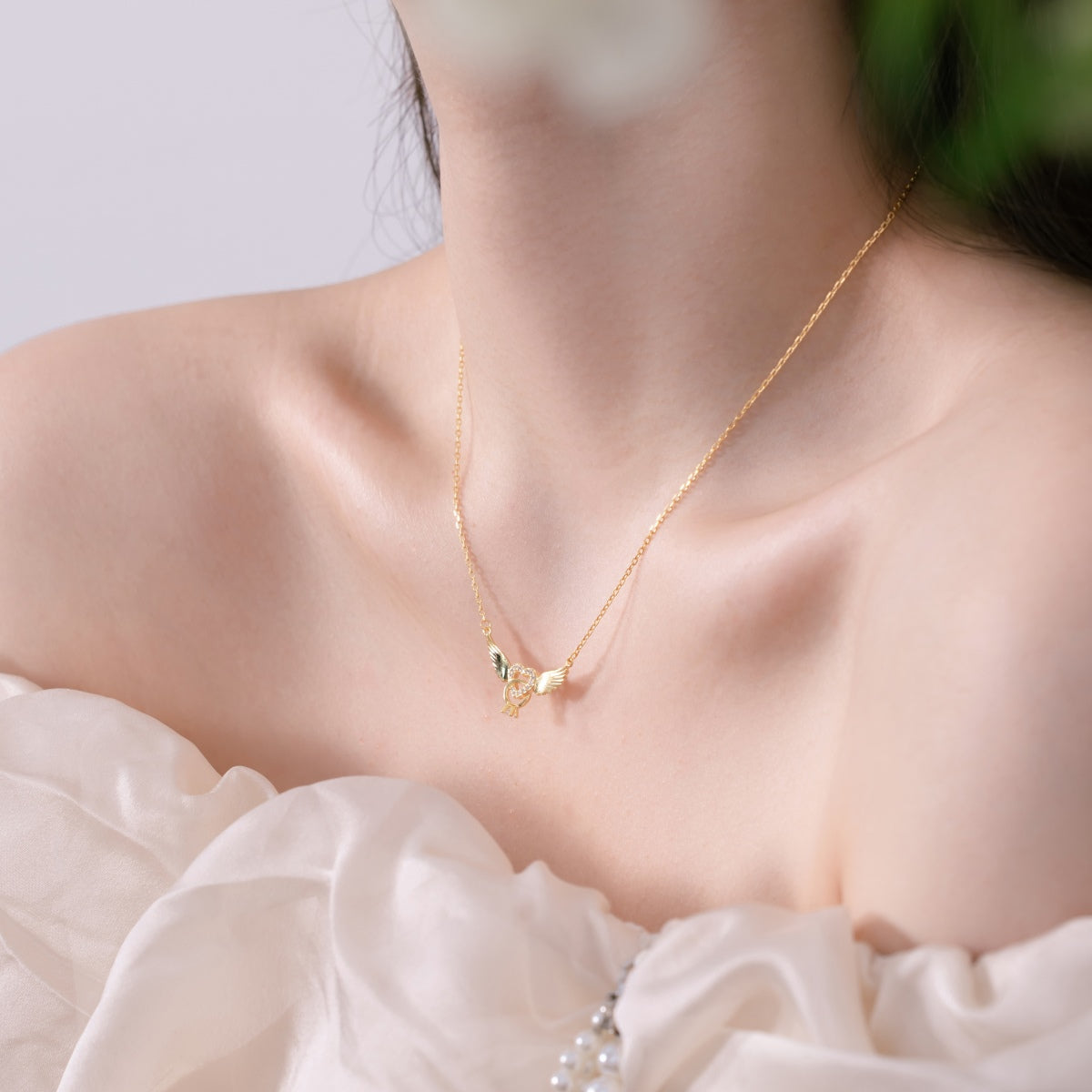 925 silver necklace heart with wings - 18K gold-plated