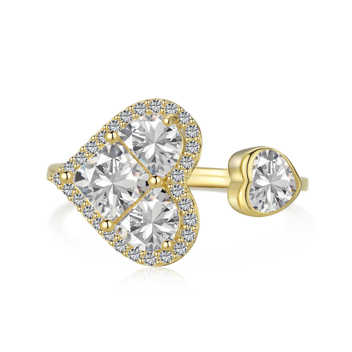 Adjustable 925 silver ring – 18K gold-plated with two heart zirconia