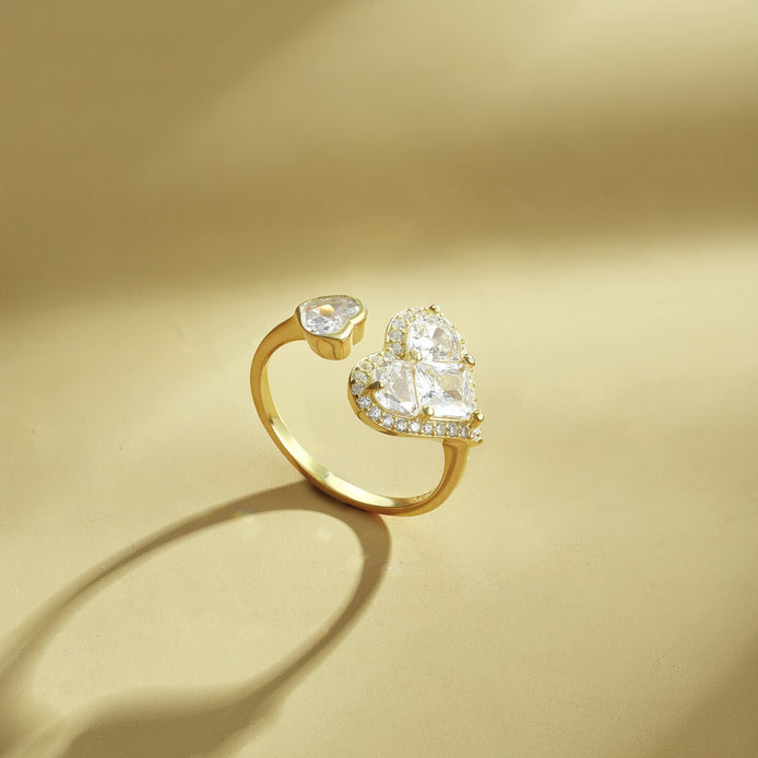 Adjustable 925 silver ring – 18K gold-plated with two heart zirconia
