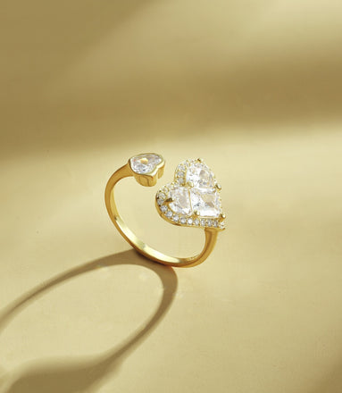 Adjustable 925 silver ring – 18K gold-plated with two heart zirconia