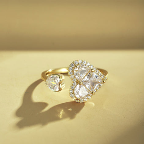 Adjustable 925 silver ring – 18K gold-plated with two heart zirconia