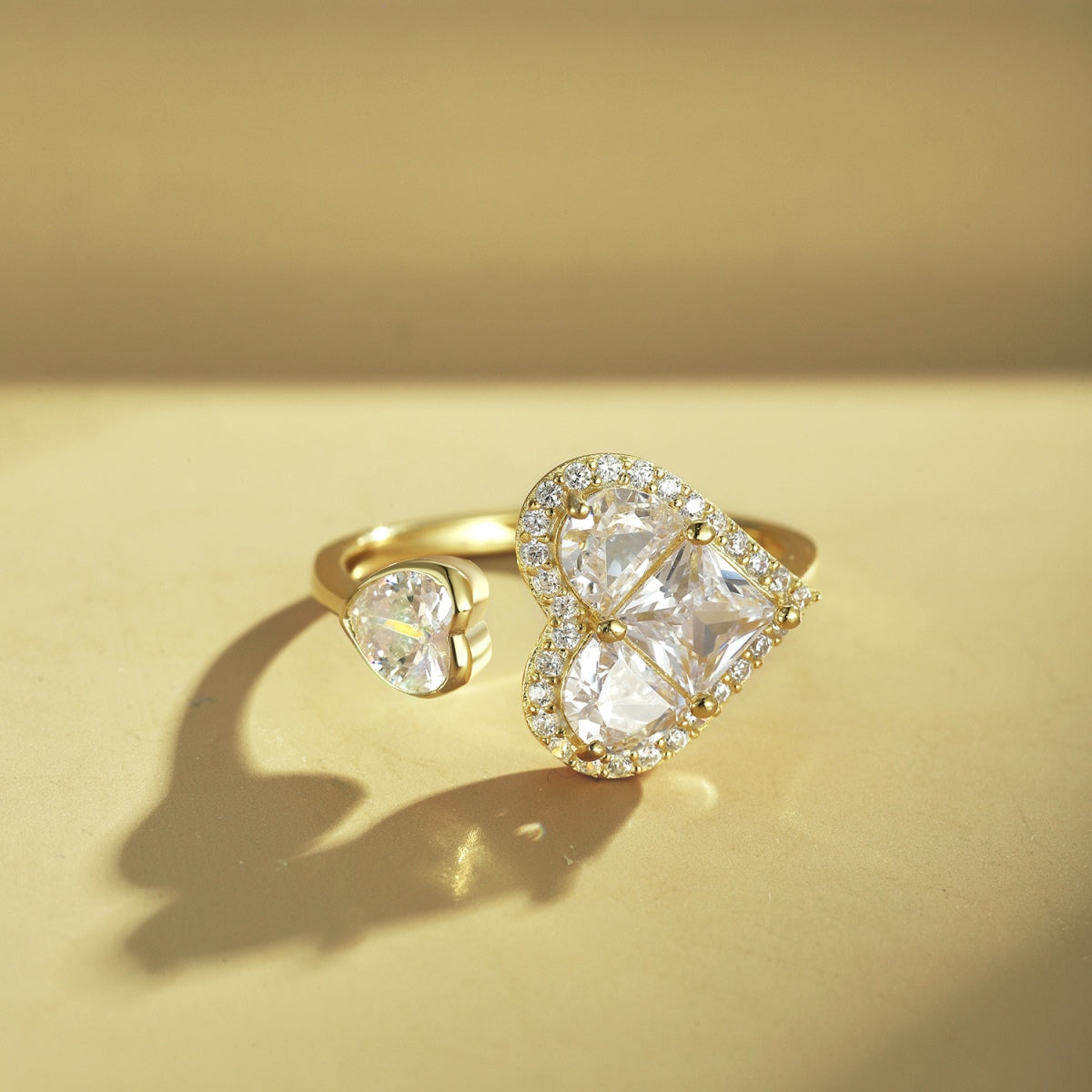 Adjustable 925 silver ring – 18K gold-plated with two heart zirconia