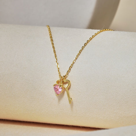 925 Silber Kette Herz & Schlüssel - 18K vergoldet