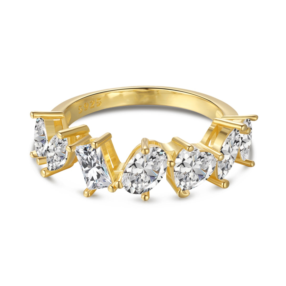 18K gold-plated 925 silver ring with 7 zirconia stones in different shapes