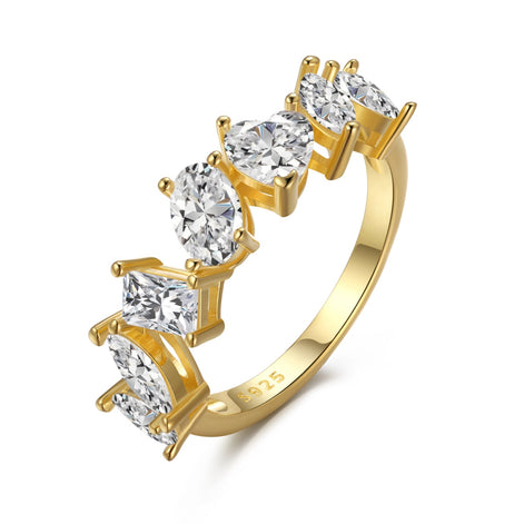 18K gold-plated 925 silver ring with 7 zirconia stones in different shapes