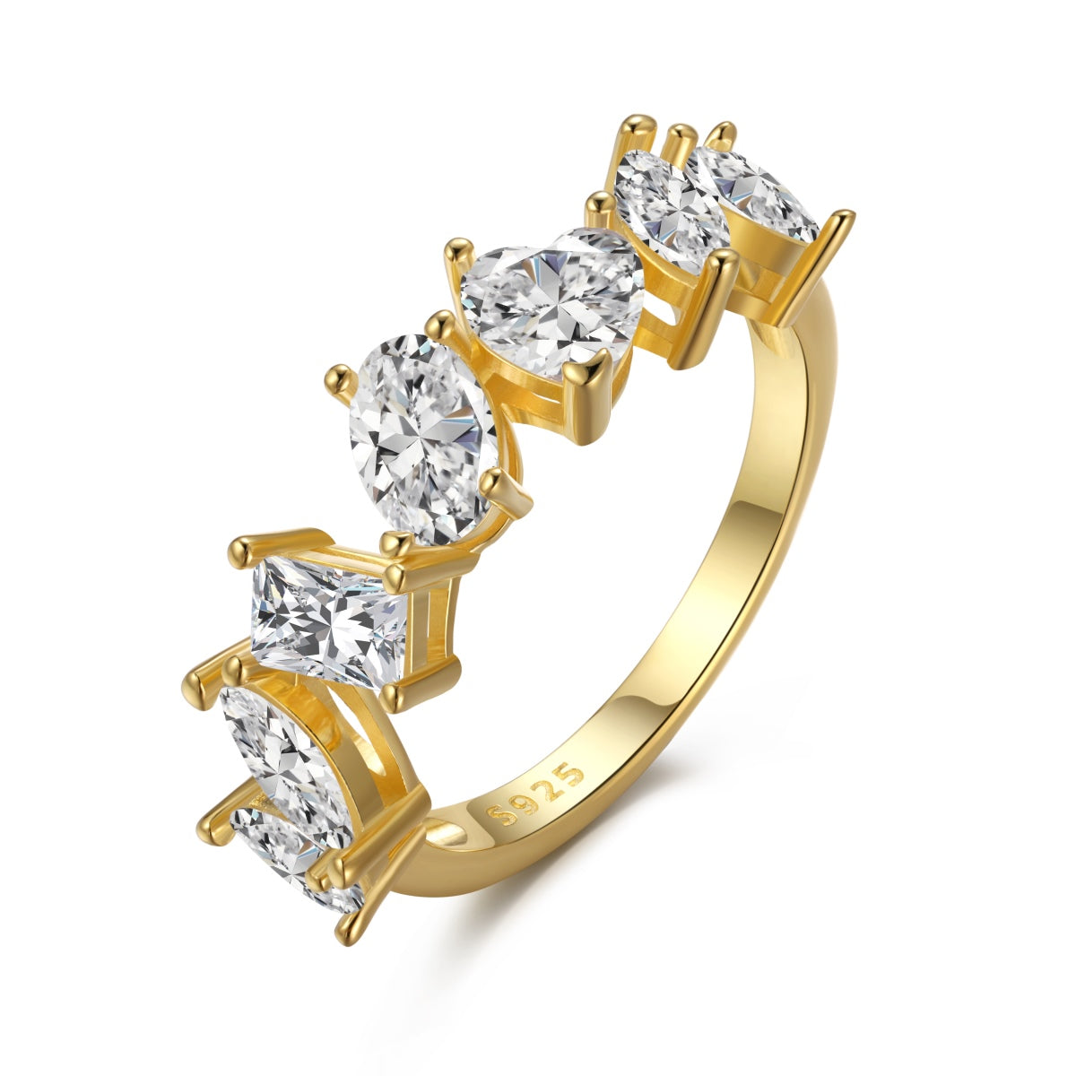 18K gold-plated 925 silver ring with 7 zirconia stones in different shapes
