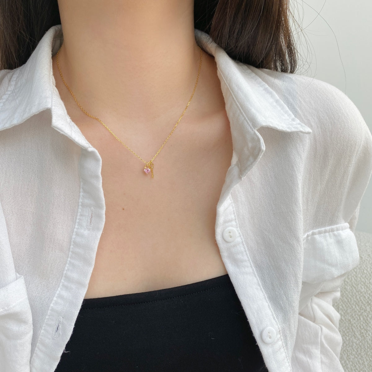 925 Silber Kette Herz & Schlüssel - 18K vergoldet