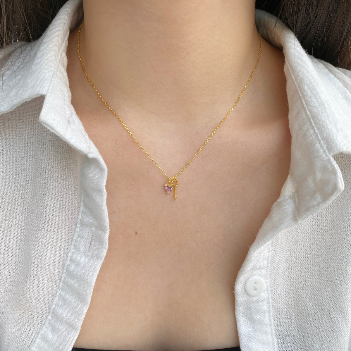 925 Silber Kette Herz & Schlüssel - 18K vergoldet