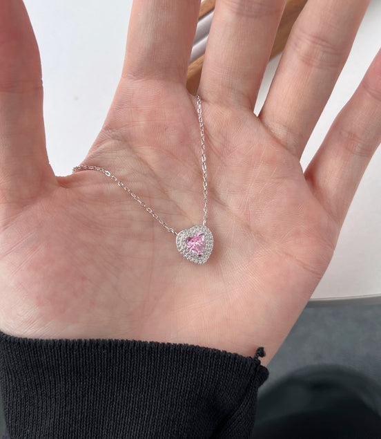 925 Sterling Silver Necklace with Pink Heart Zirconia – Feminine elegance with double sparkle