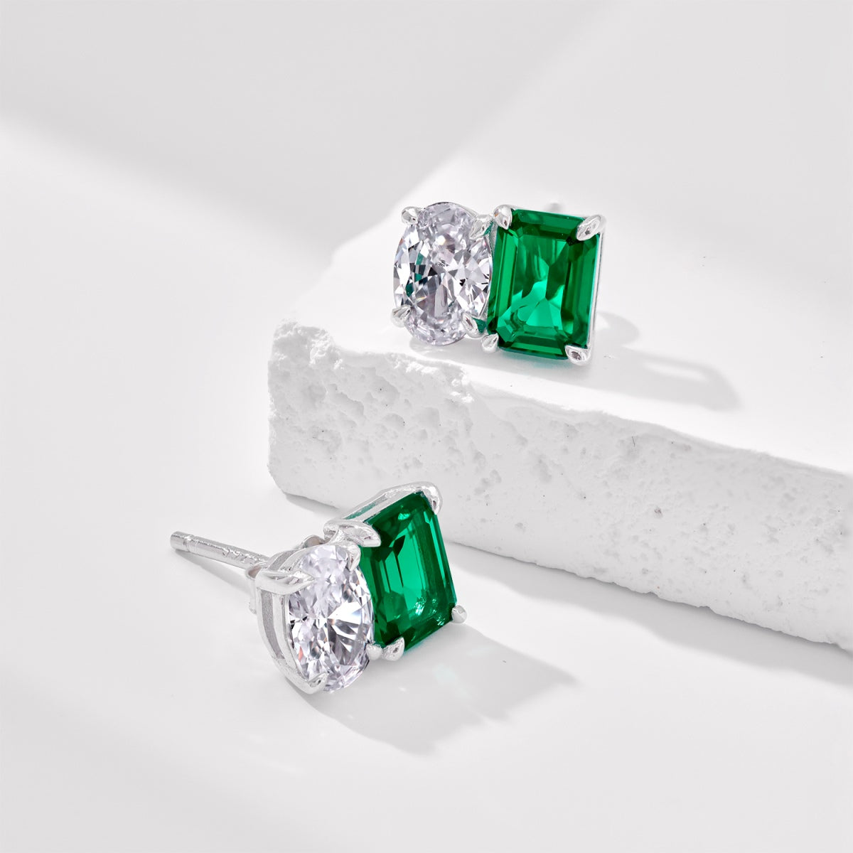 Emerald Cut Stud Earrings 925 Silver Green Emerald Look & Oval Zirconia