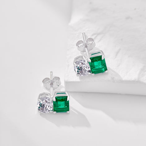 Emerald Cut Stud Earrings 925 Silver Green Emerald Look &amp; Oval Zirconia