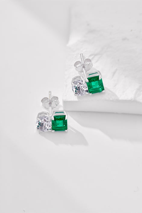 Emerald Cut Stud Earrings 925 Silver Green Emerald Look &amp; Oval Zirconia