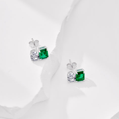 Emerald Cut Stud Earrings 925 Silver Green Emerald Look &amp; Oval Zirconia