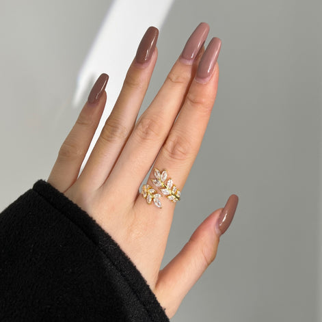Adjustable ring with leaf motif – 925 silver gold-plated