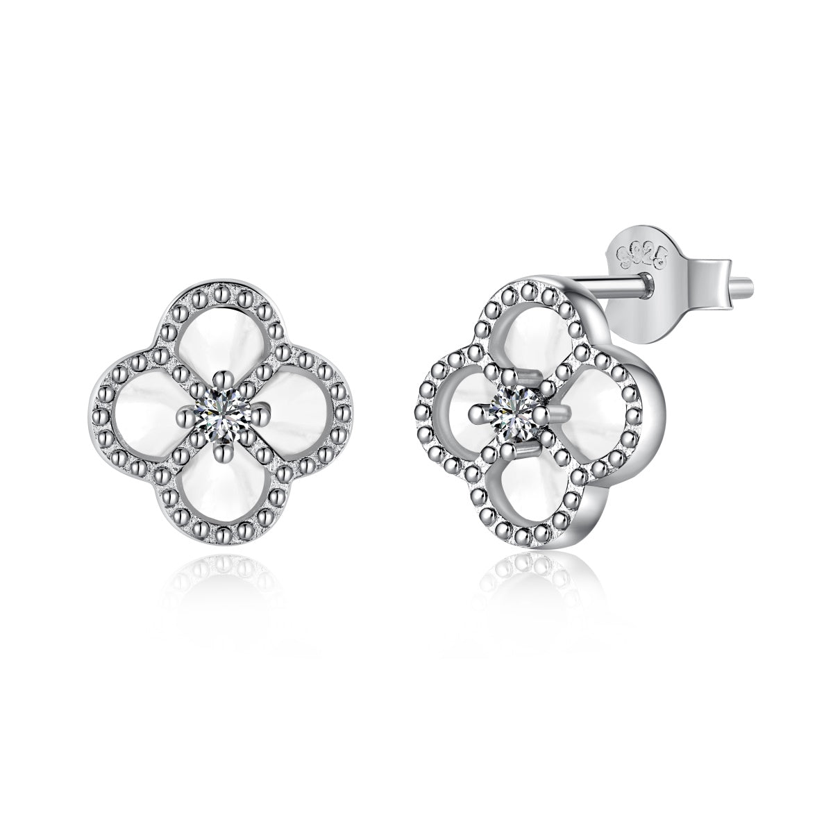 Cloverleaf stud earrings 925 silver zirconia flower, silver, green, black, grey