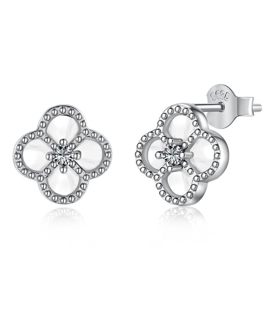 Cloverleaf stud earrings 925 silver zirconia flower, silver, green, black, grey
