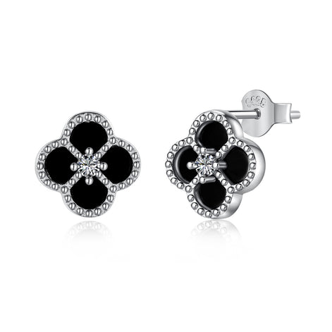 Cloverleaf stud earrings 925 silver zirconia flower, silver, green, black, grey
