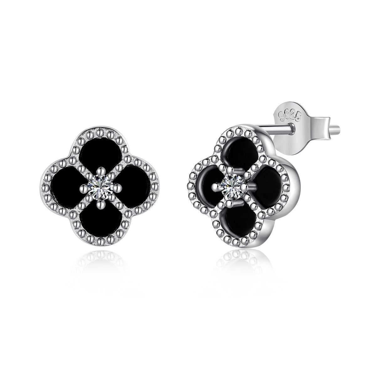 Cloverleaf stud earrings 925 silver zirconia flower, silver, green, black, grey