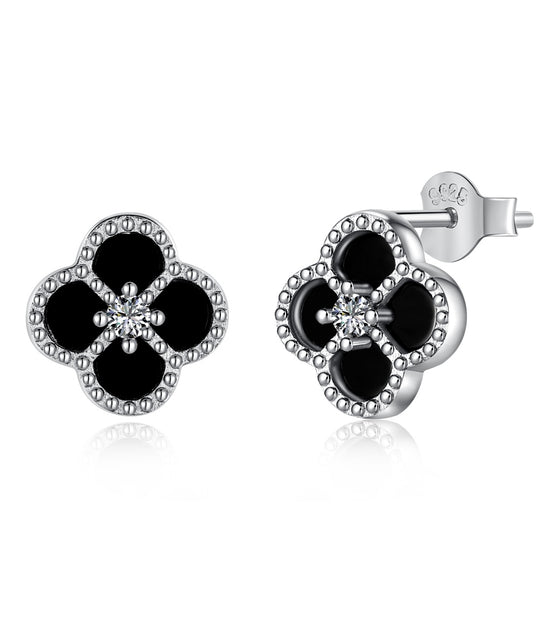 Cloverleaf stud earrings 925 silver zirconia flower, silver, green, black, grey