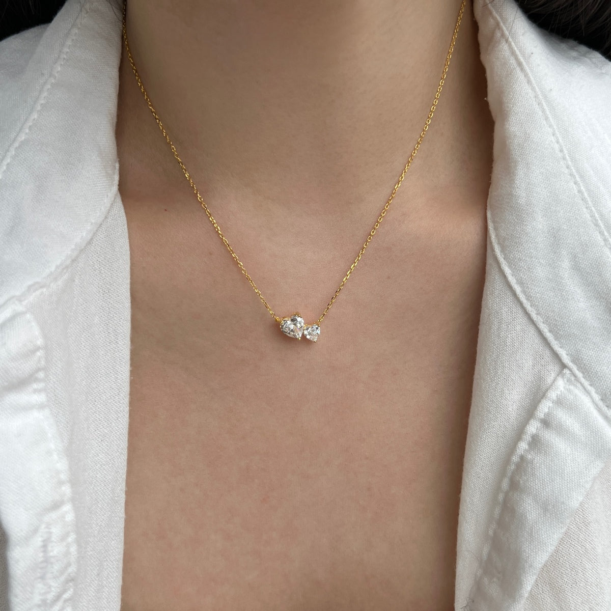 قلادة من الفضة عيار 925 على شكل قلب مزدوج - مطلية بالذهب عيار 18 قيراطًا