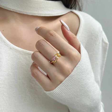 18K gold-plated 925 silver ring with pink heart zirconia and pearl