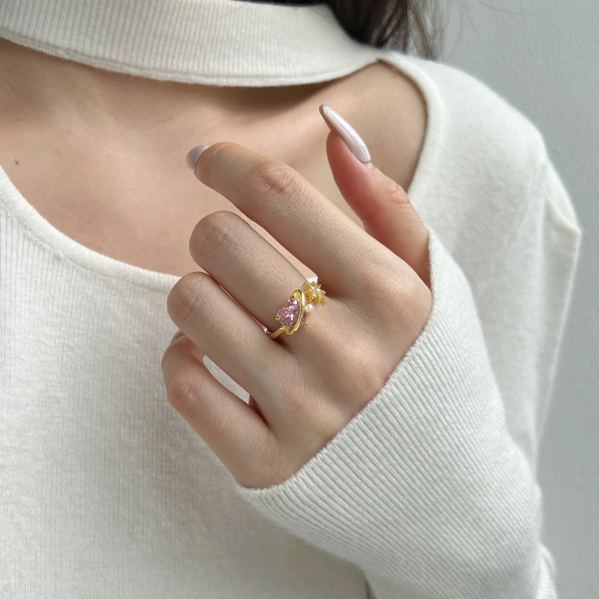 18K gold-plated 925 silver ring with pink heart zirconia and pearl