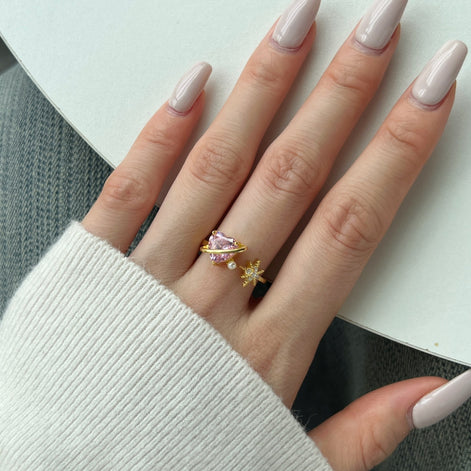 18K gold-plated 925 silver ring with pink heart zirconia and pearl