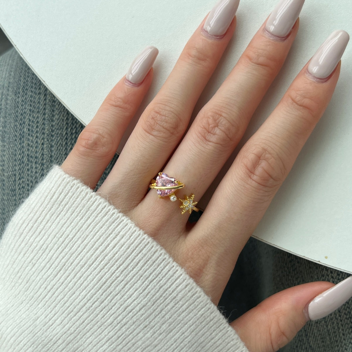 18K gold-plated 925 silver ring with pink heart zirconia and pearl