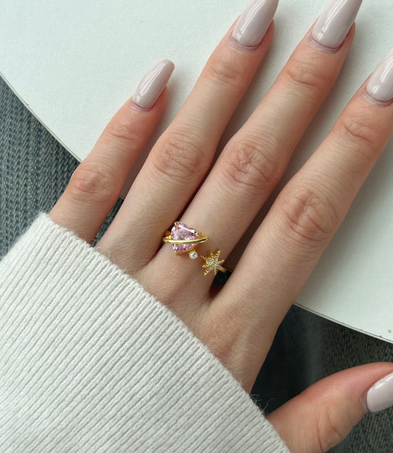 18K gold-plated 925 silver ring with pink heart zirconia and pearl