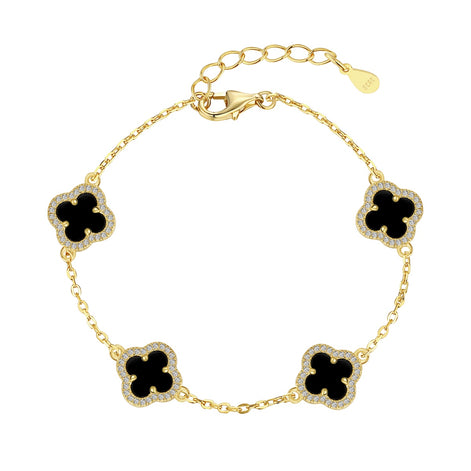 Gold-plated bracelet made of 925 silver – with black clover leaf pendants &amp; zirconia