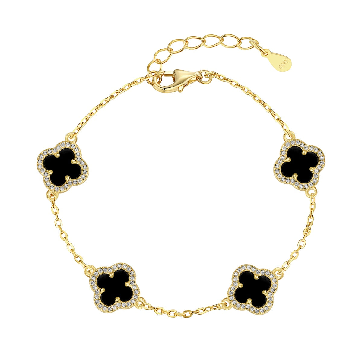Gold-plated bracelet made of 925 silver – with black clover leaf pendants & zirconia