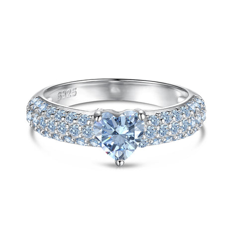 925 silver ring with heart zirconia in light blue and sparkling zirconia edge