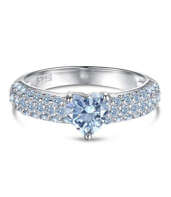 925 silver ring with heart zirconia in light blue and sparkling zirconia edge