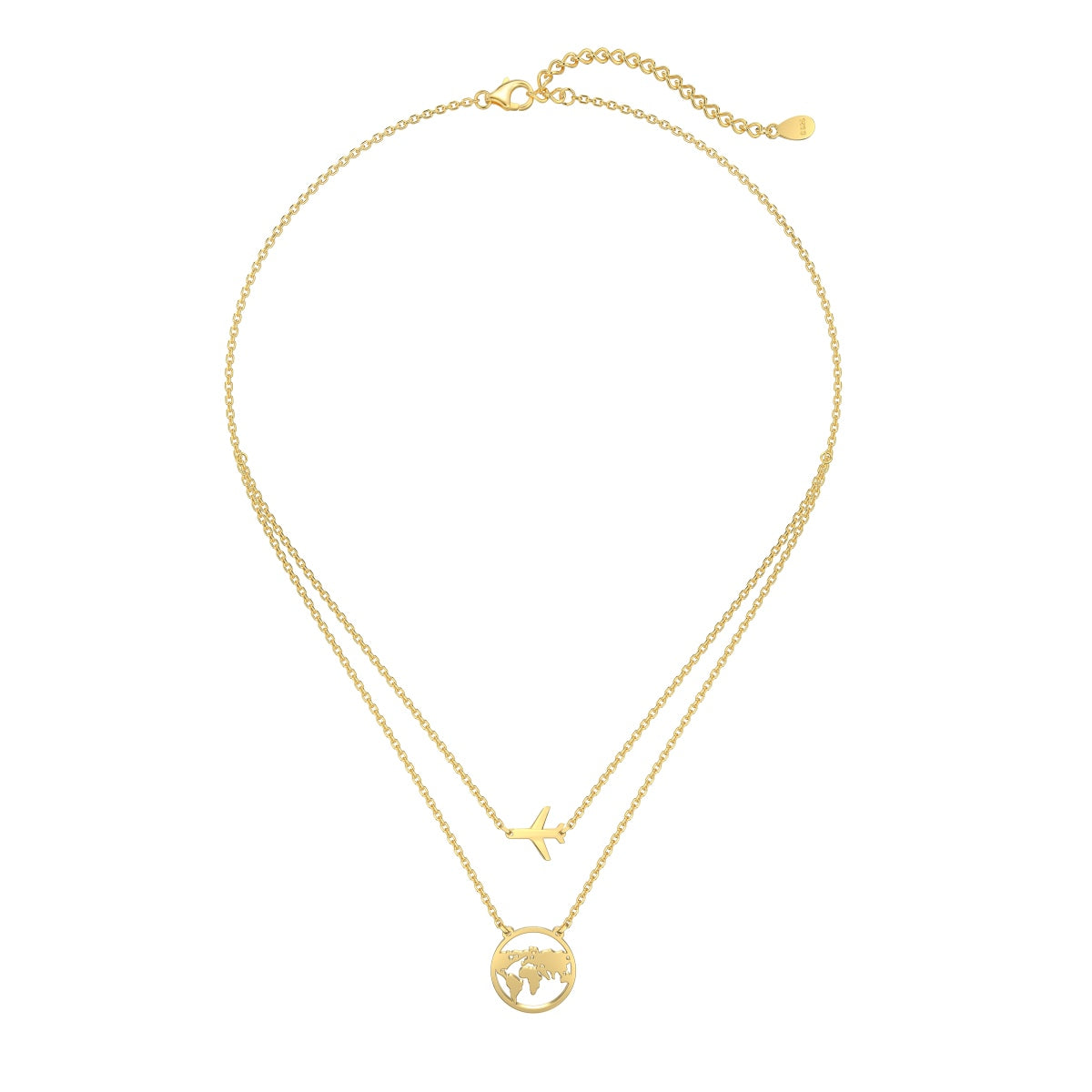 Double chain – 18K gold-plated 925 sterling silver with earth & airplane pendant