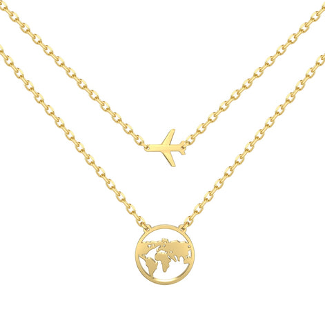 Double chain – 18K gold-plated 925 sterling silver with earth &amp; airplane pendant