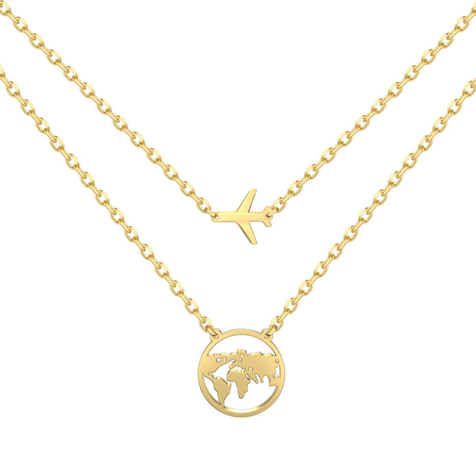 Double chain – 18K gold-plated 925 sterling silver with earth &amp; airplane pendant