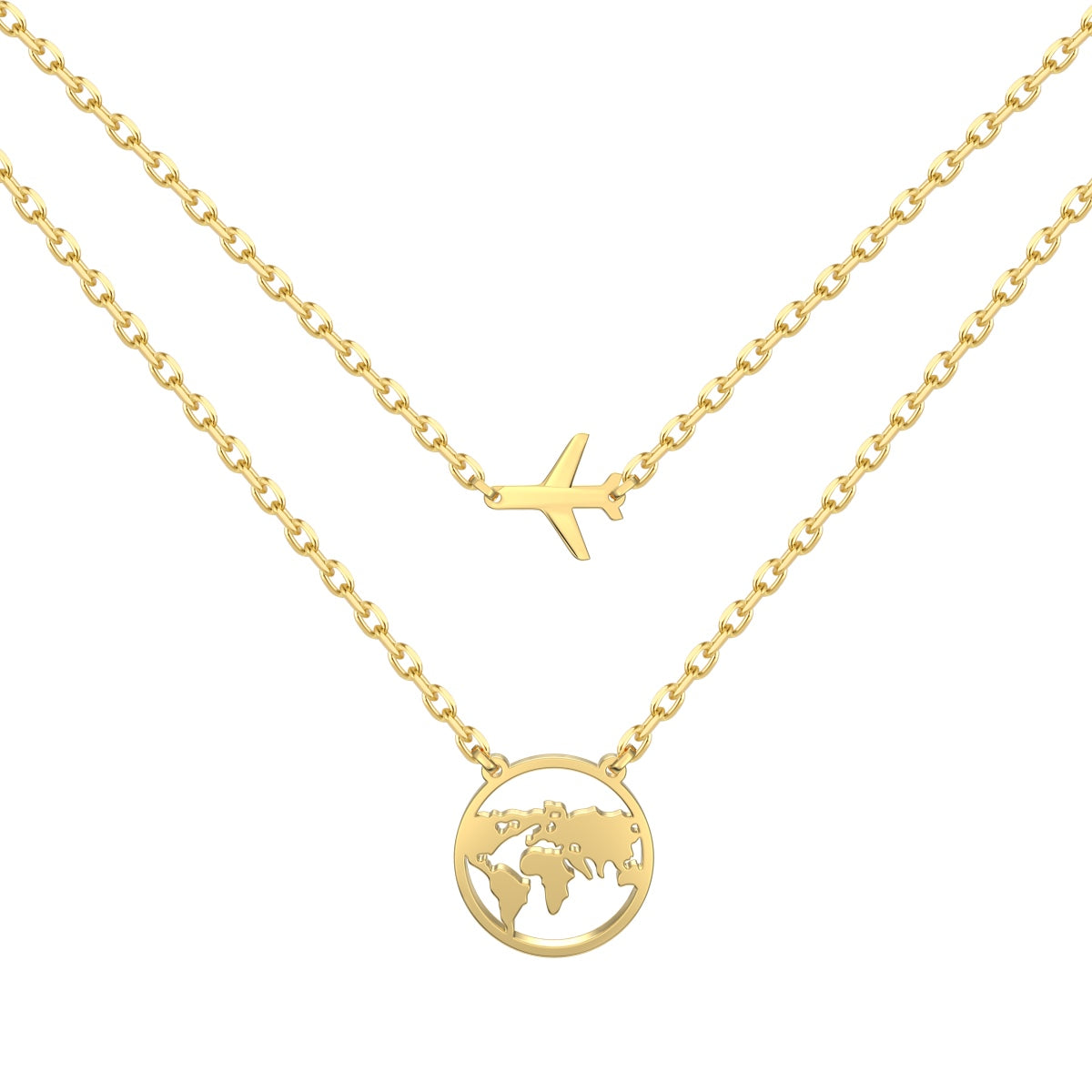 Double chain – 18K gold-plated 925 sterling silver with earth & airplane pendant