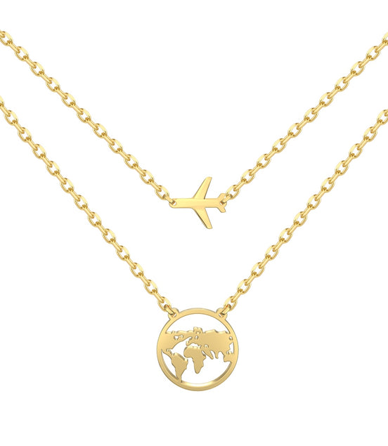 Double chain – 18K gold-plated 925 sterling silver with earth &amp; airplane pendant