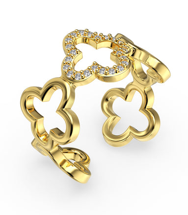 Silver ring with clover design, 18K gold-plated and adjustable