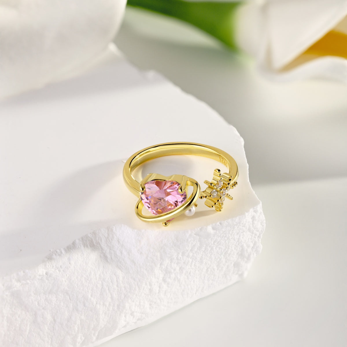 18K gold-plated 925 silver ring with pink heart zirconia and pearl