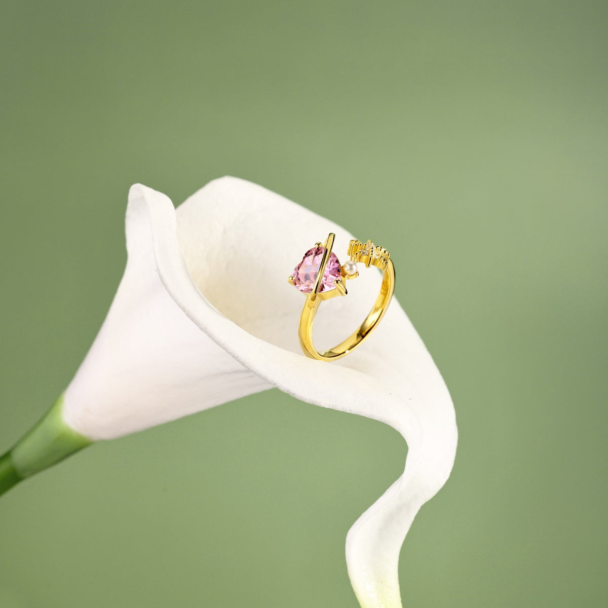 18K gold-plated 925 silver ring with pink heart zirconia and pearl